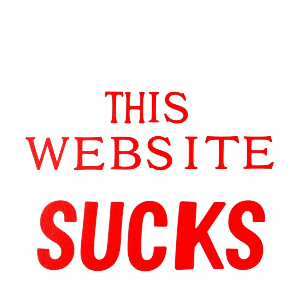 a simple monotype red text against a white background reading "THIS WEBSITE SUCKS"