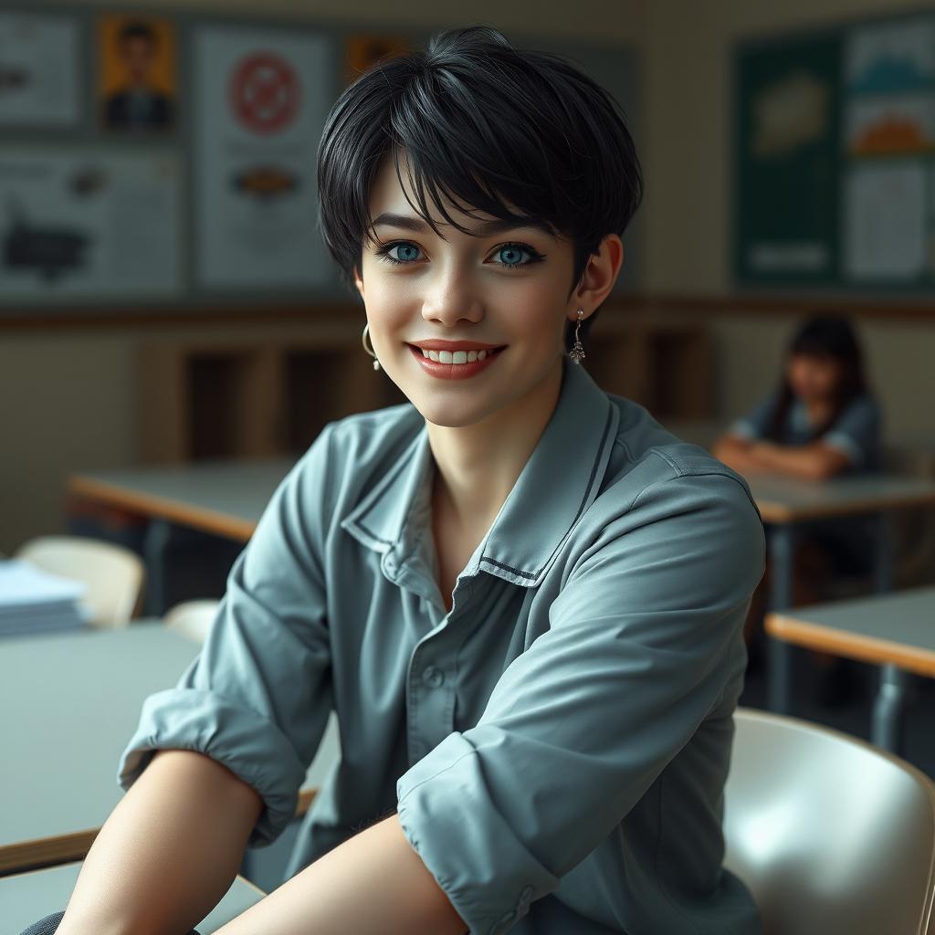 photorealistic, ultra high resolution, 16K, surreal fantasy, soft studio lighting, a pretty 16 year old goth male, slim male physique, short dark hair, blue eyes, goth makeup, earrings, sheer pantyhose, UK girls-school uniform, Mary-Jane shoes, sitting in the classroom, excited smile, facing the camera.