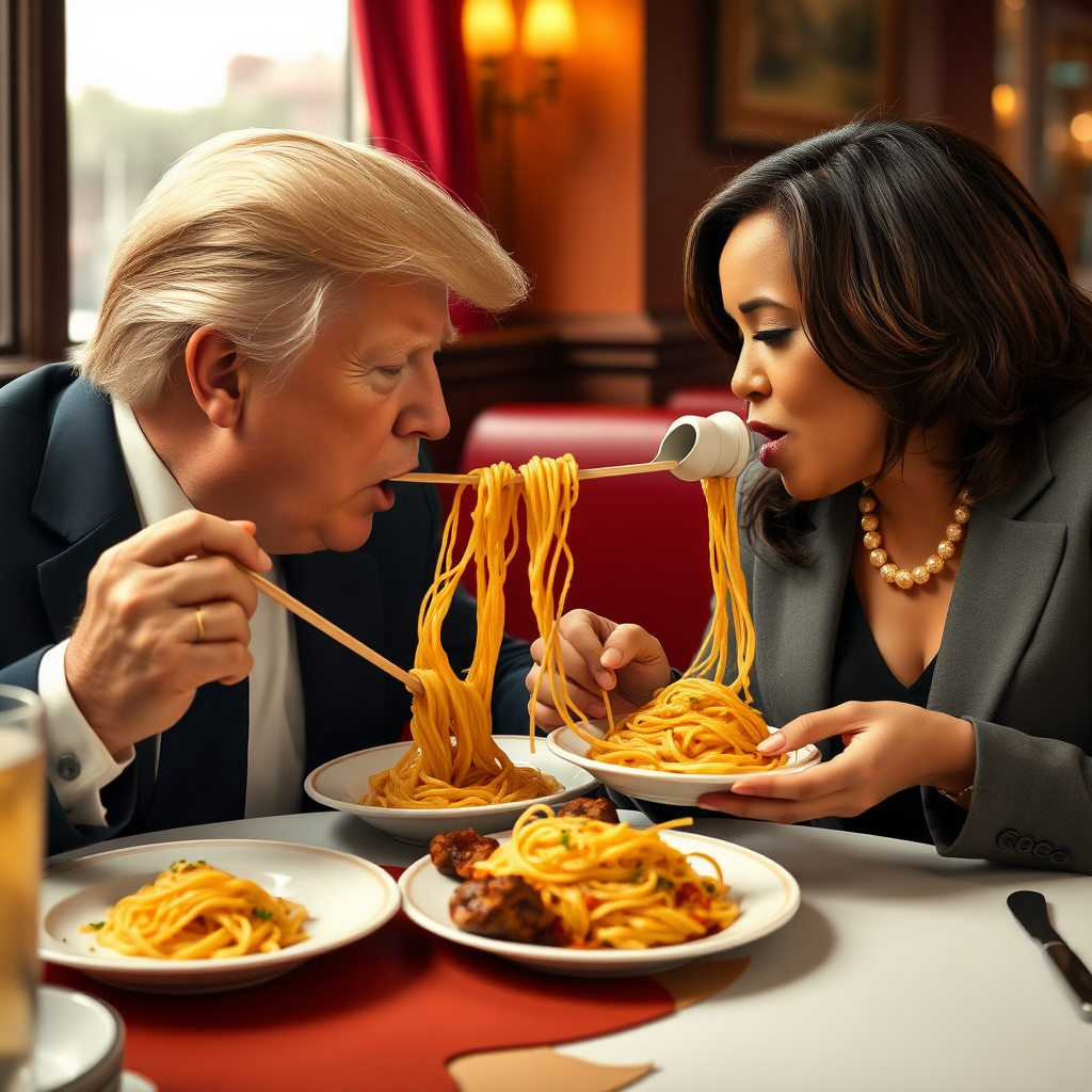 Photoreal style. Donald Trump and Kamala Harris eating in an Italian restaurant a la the one in 'Lady and the Tramp.' Both humans are eating spaghetti from the same plate, and like in the movie, they end up eating the same strand of pasta, making their heads close to each other.