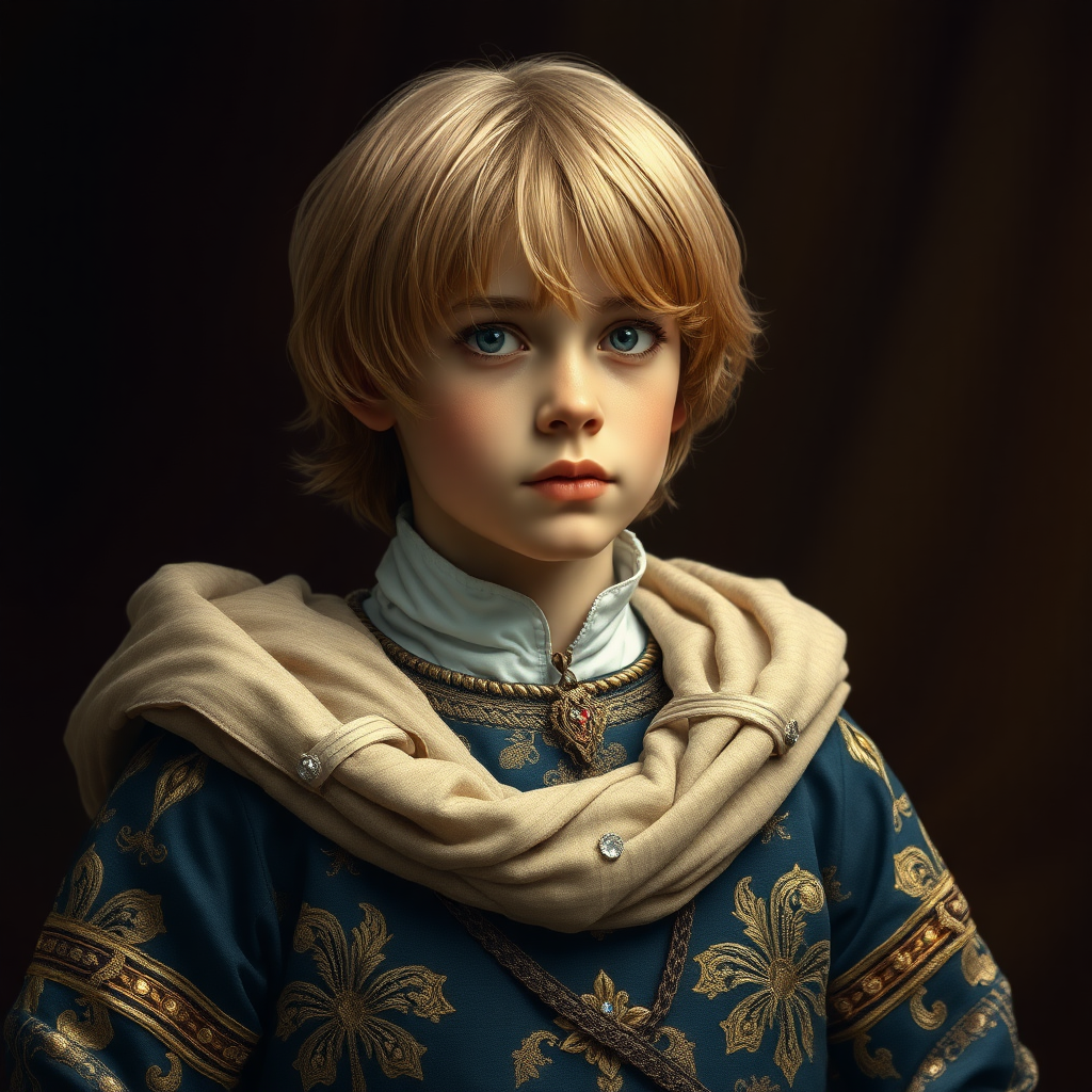 16yo teen boy prince, long bob cut, embroidered with gold and diamonds medieval cloths. 
photorealistic, ultra high resolution, 16K,