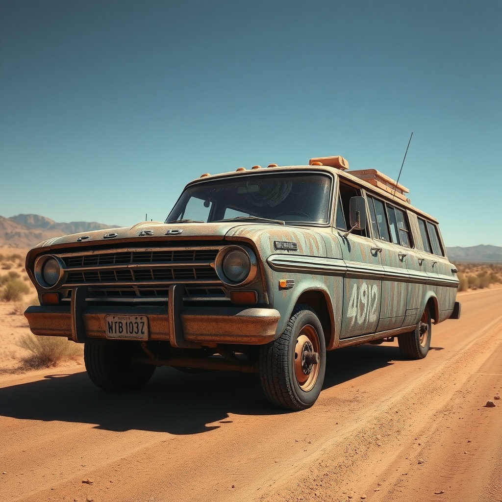 Ford Falcon Mad Max post-Indian apocalyptic dust rusty zombie the bus is parked on the side of the road, inspired by Taiyō Matsumoto, tumblr, restomod, nd4, c4