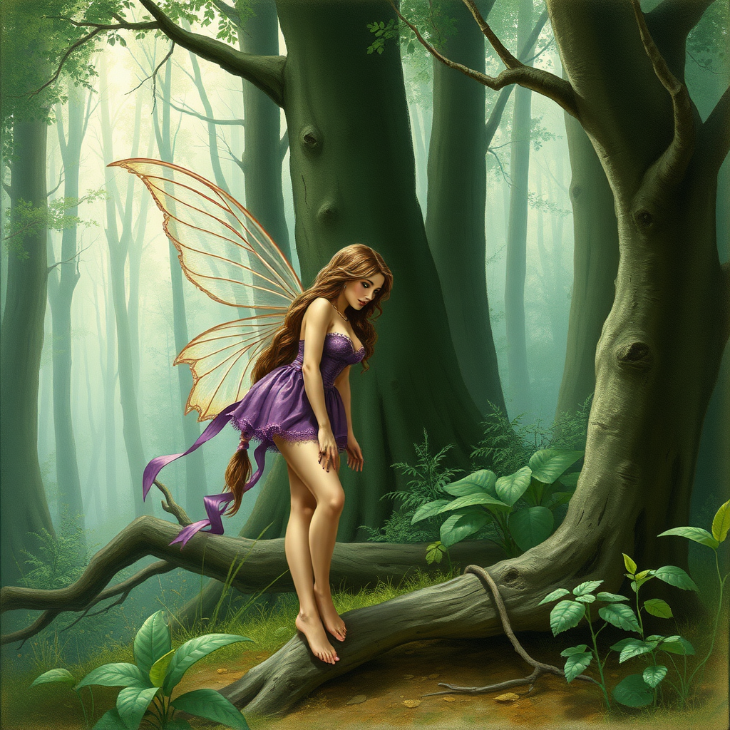 A classic forest scene with an attractive and seductive fairy. The scene is lush with the art styling of Linda Ravenscroft.