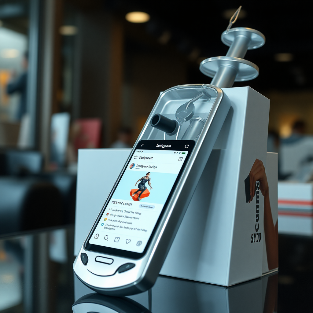 A close-up straight front view of a mobile phone in the shape inspired by a syringe, metallic futuristic, kept for sale leaning against a box, in a showroom, metallic body, touchscreen phone with Instagram page open on screen, needle on top, whitepunk.