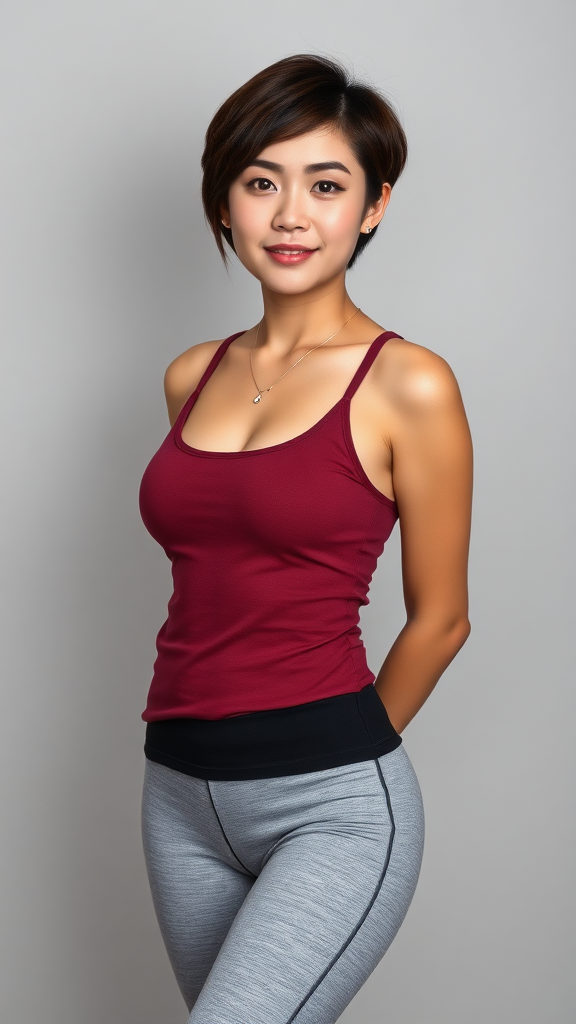 A beautiful Chinese woman, with short hair, a curvy figure, a small chest, wearing yoga pants and a tank top.