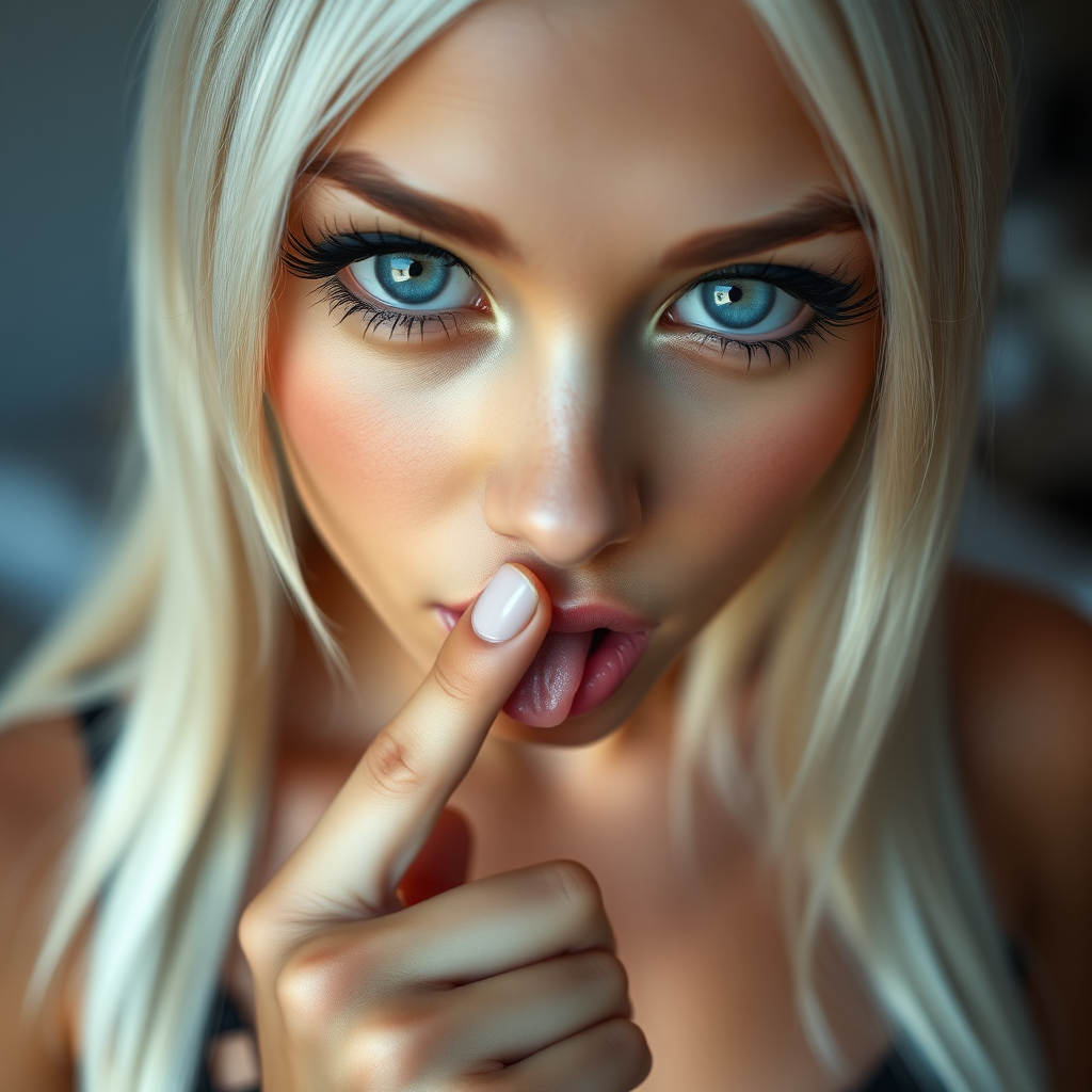 a young woman is holding her finger to her lips, looking at viewer, blue eyes, blonde hair, solo focus, blurry, lips, eyelashes, blurry background, close-up, realistic. bleached blonde, black eyeliner, very large eyes, tanned skin. Very long straight hair. cleavage. Exaggerated long eyelashes. very huge breast, black laced bra. tanned skin. licking her finger, tongue on her finger.