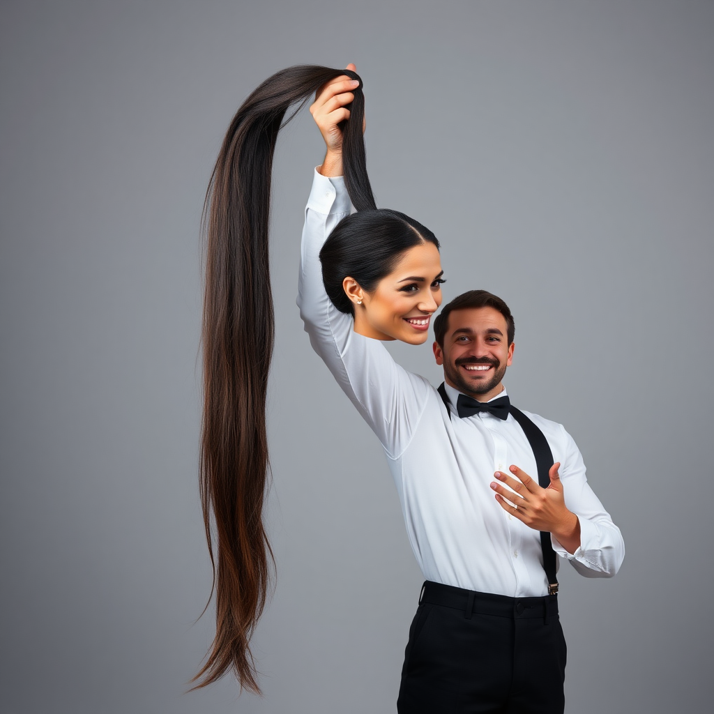 A surreal image of a smiling male magician standing to the side while holding up the disembodied head of a very long haired Meghan Markle by her hair to display it to the camera. He is grabbing her very long hair and pulling it up high in the air, while her head is hanging by her hair from his grasp. Plain gray background.