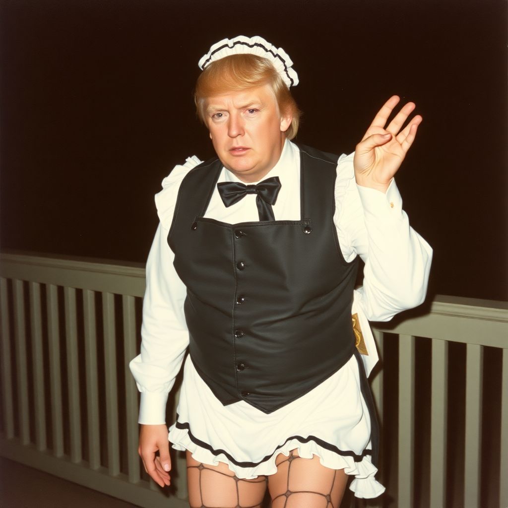 donald trump dressed in a maid outfit, thighhighs, crossdressing, maid headress, bow, old 2000 phone grainy picture, night, bad lighting