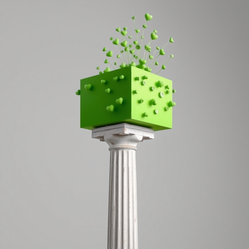 A photograph of a thin small, ancient Greek column with weathered, fluted details at the base. Atop the column is an oversized, normal green rectangular volume, functioning as a funky art installation. The large green structure dramatically overshadows the small column, with numerous quirky green objects—such as small hearts, stars, and abstract shapes—hanging from it. The surreal and playful installation creates a striking contrast between the ancient, minimal column and the modern, weird design.