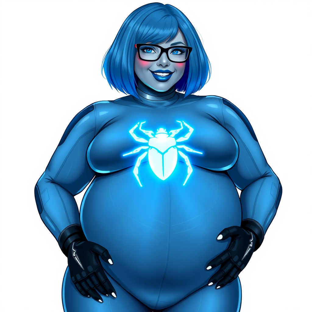 A 28-year-old, full-figured, middle gray metal skinned computer program-human hybrid with a maximum blue bob cut. She is the digital sidekick, computer hacker, and nerdy girlfriend of her cyberpunk vigilante boyfriend. Her middle gray metallic skin, distinct from any other character, highlights her digital nature. She wears maximum blue lipstick and has bright blue eyes. Her outfit includes an oversized digital maximum blue bodysuit with a neon blue glowing chest icon of a beetle and black gloves. Black eyeglasses accentuate her nerdiness, and she has a lovestruck smile with neon red blush. Her non-athletic full figure consists of a prominent, gargantuan, round midsection (with the full emphasis on her gargantuan belly), gigantic limbs, and broad shoulders, reflects the doting care of her vigilante boyfriend. The background is solid white. She is drawn as if she was in a retro 2D cyberpunk fighting game. Ensure her bodysuit covers all her bare skin (especially her round gargantuan belly). Her oversized bodysuit is influenced by DC's superheroine Jennifer Knight Phantom Lady but remains distinct.