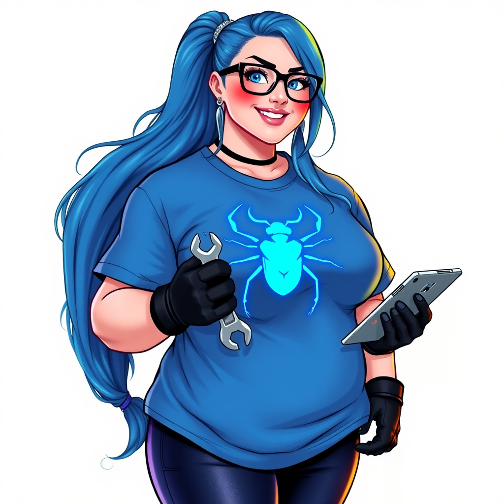 A 28-year-old, full-figured computer hacker and tech wiz, she is the girlfriend of a cyberpunk vigilante. Her long maximum blue ponytail, and striking, bright blue eyes make her stand out. Her wrecking ball-sized midsection, sequoia-sized limbs, and broad shoulders define her full figure, which has been heavily pampered by her doting boyfriend. Her nerdiness is blatantly obvious, and she serves as her boyfriend’s tech expert.

As the loyal and supportive sidekick, she plays a crucial role in their missions, using her digital and technological prowess to assist and protect. She wears an oversized maximum blue t-shirt adorned with a glowing neon blue beetle chest icon, black oversized eyeglasses, and black high-tech gloves. She beams with a neon red blush, holding a futuristic wrench and a digital holographic tablet. She is on a solid white background. She is drawn as if she was in a retro 2D cyberpunk fighting game.