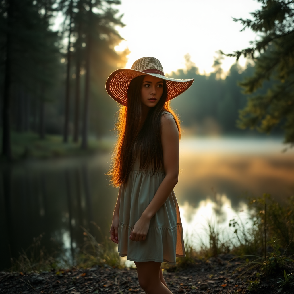 a young woman standing next to a lake in a forest. long brunette hair. she is wearing a dress, sneakers, and a wide straw hat. she is looking around anxiously. the sinking sun is falling through the trees. a little fog is rising from the lake. light like in a fairy tale, a bit mystic. photo