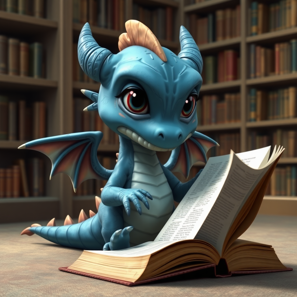 A realistic bored blue small dragon with two legs, two arms, black eyes with red pupils and wings in a library reading from a large book that is sitting on the ground beside him.