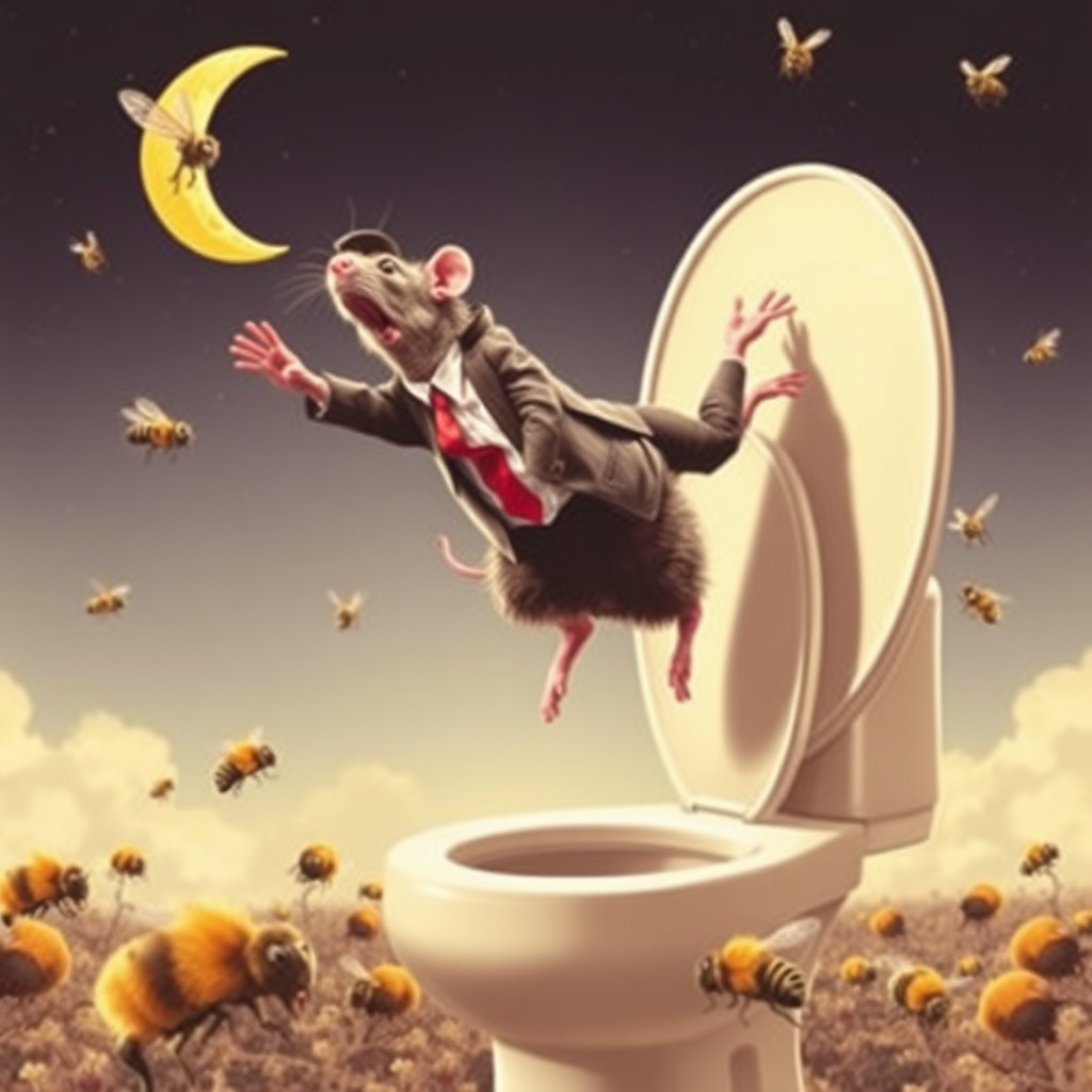 A rat politician diving off the moon into a toilet, bees, 70s musical movie poster, no text