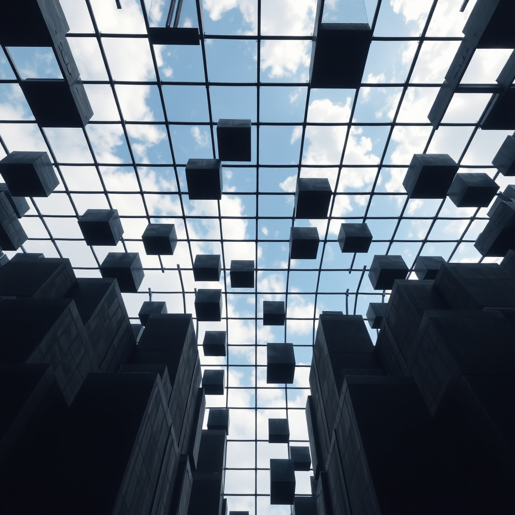 humans look up and see black grid cubes grid in the sky