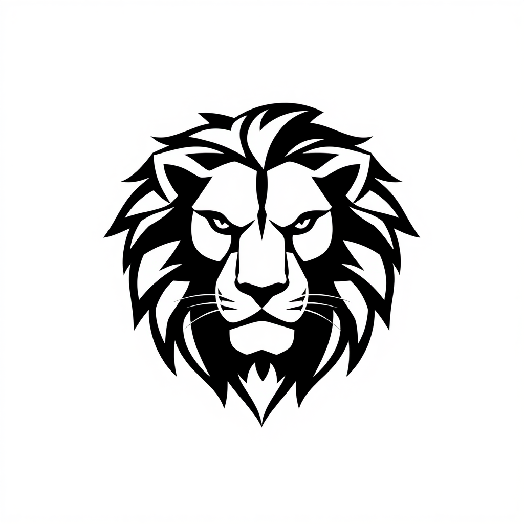 Create a logo design of a stylized lion. The logo should feature a bold and elegant representation of a lion's head, incorporating geometric shapes and smooth lines. Use a monochromatic color scheme, emphasizing black and white contrasts. The design should convey strength and majesty, suitable for a sports team or a brand. The background should be simple to ensure the lion logo stands out prominently.