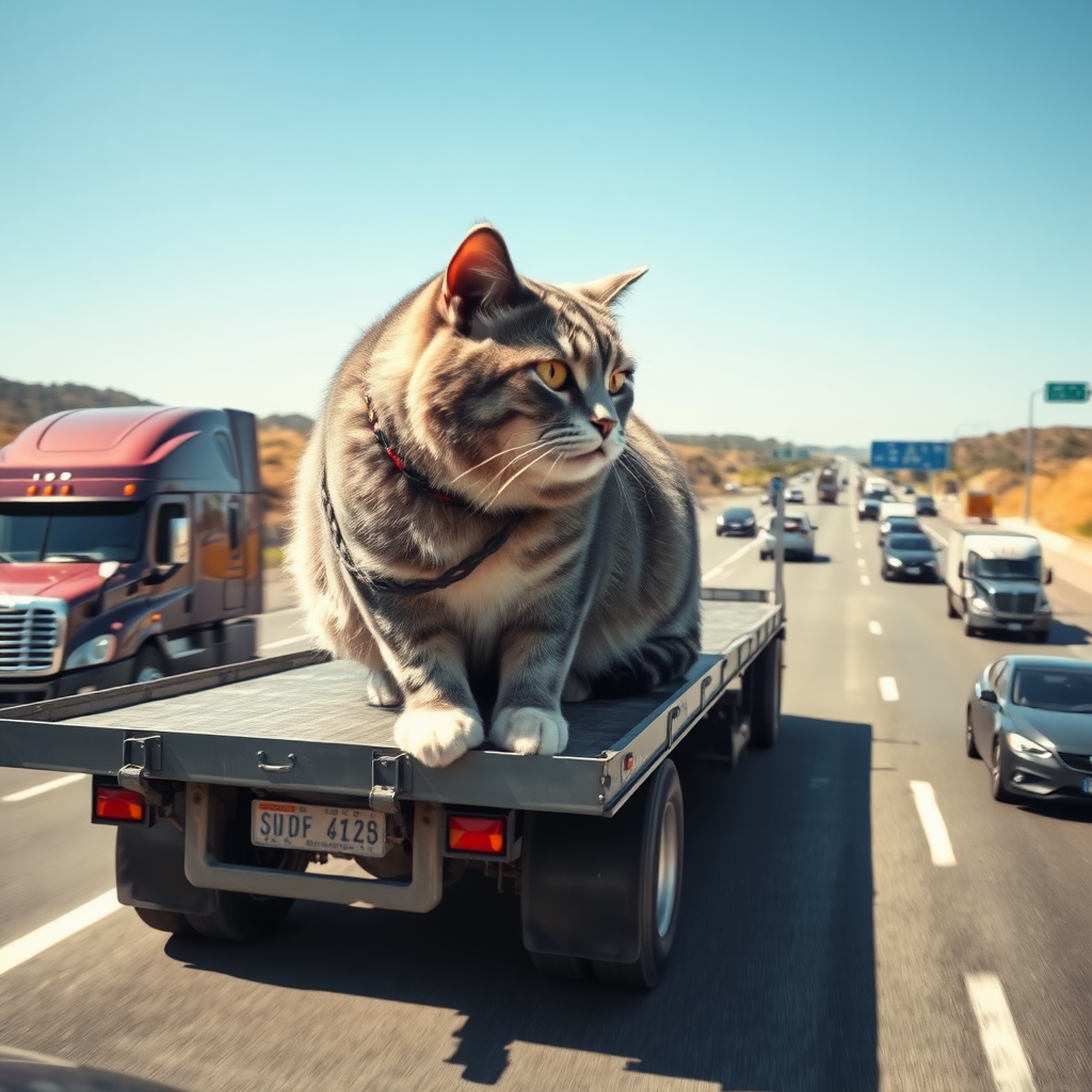 Hyper-surrealistic, professional photo of a giant cat chained to the back of a flatbed truck driving on a busy highway. The cat is highly detailed with realistic textures in its fur and displays a mix of purple, gray and white colors with a slight sheen in sunlight. The scene captures the high level of detail inside the truck, with polished metal parts and rubber tires. The highway is full of cars and trucks driving in the background. The atmosphere is bright and clear; Realistic sunlight casts shadows on the cat and truck. The camera angle is raised considerably, capturing the full size of the cat in relation to the truck, emphasizing the absurdity of the scene with excellent depth of field and focus on the cat and vehicle. Popular on ArtStation, ultra-detailed, photorealistic, with rich textures and high dynamic range (HDR) effect.