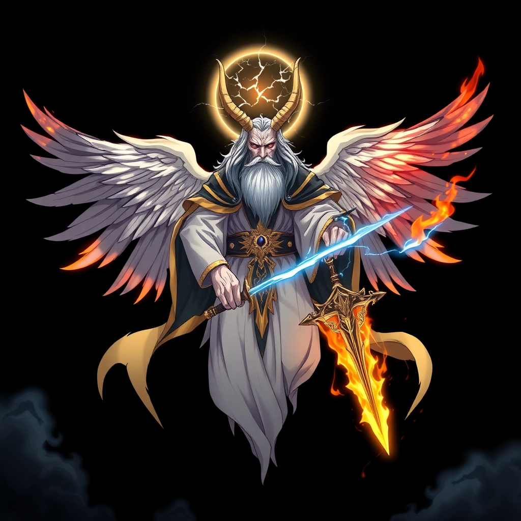 (Anime styled art) Black background of a divine yet sinister figure, floating ominously in mid-air. The being, known as YHVH Demiurge, radiates both light and darkness, with four angelic wings on top and two burning wings on the back. A shattered halo hovers above its head, casting a fractured cracked glow, 4 golden horns on head. Dressed in flowing robes of white, gold, and black, the figure's long beard sways gently in the air. Its fiery ember eyes burn with a wrathful intensity, exuding a presence both holy and malevolent, he is holding a unique holy-golden burning-(HOLY FLAME)-blue-lightning sword in left hand.