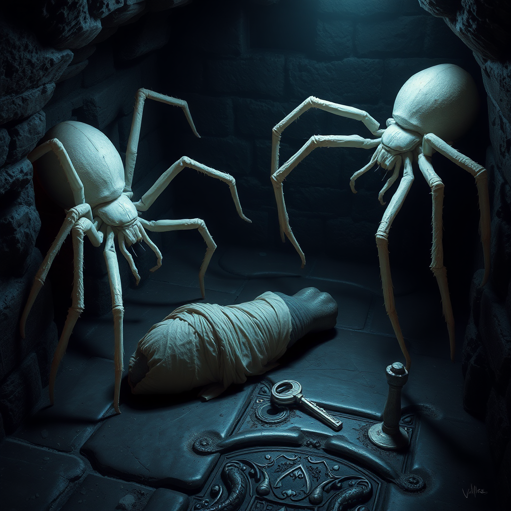 A dark basement medieval cellar with two large white spiders with red highlights crawling around and a cocooned human body in the center of the floor with a silver key sitting beside the body.