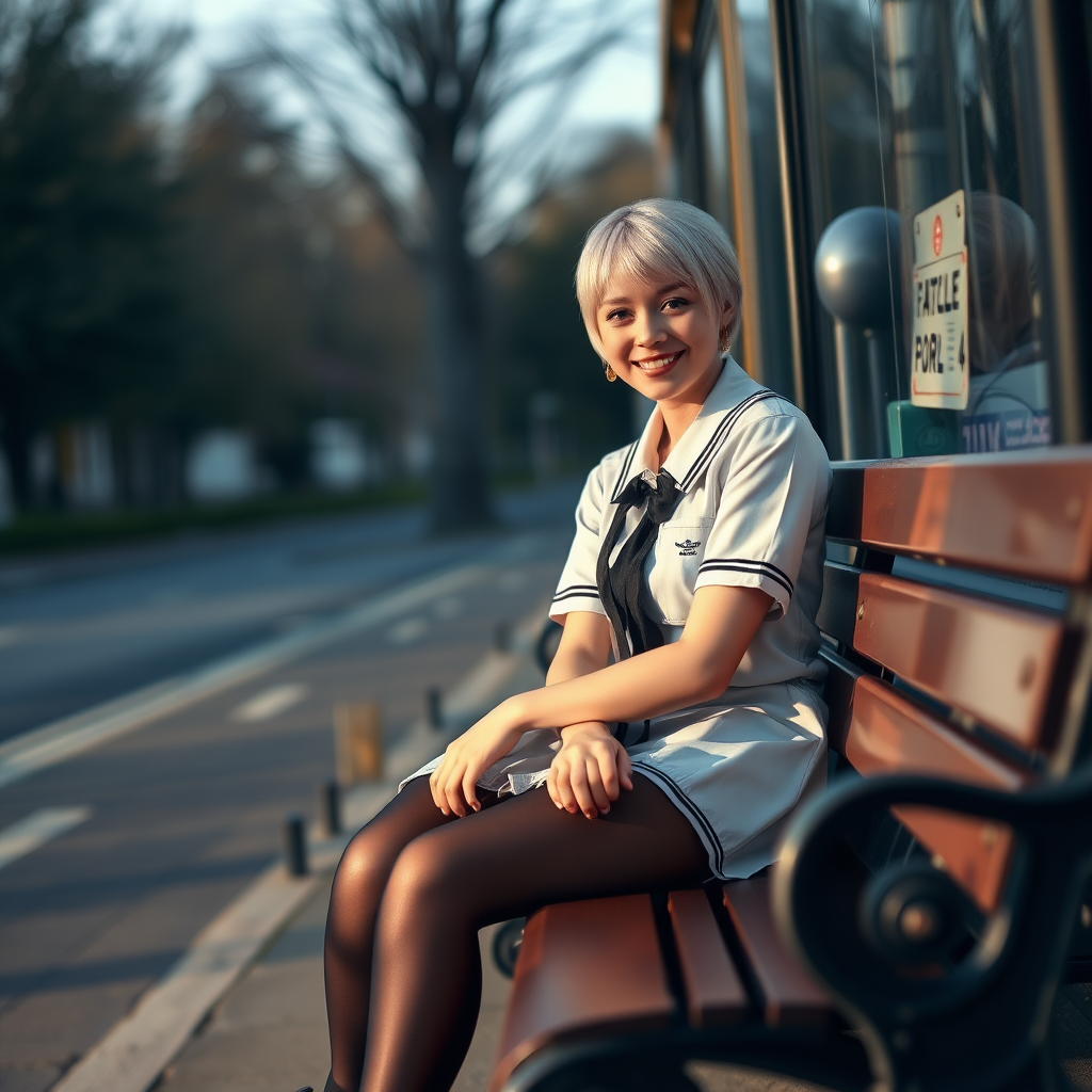 photorealistic, ultra high resolution, 16K, surreal fantasy, soft studio lighting, a pretty 18 year old goth male, slim male physique, short blonde hair, goth makeup, earrings, shiny black pantyhose, UK girls-school uniform, Mary-Jane shoes, sitting on a bench waiting for the school bus, in daylight, excited smile, facing the camera.