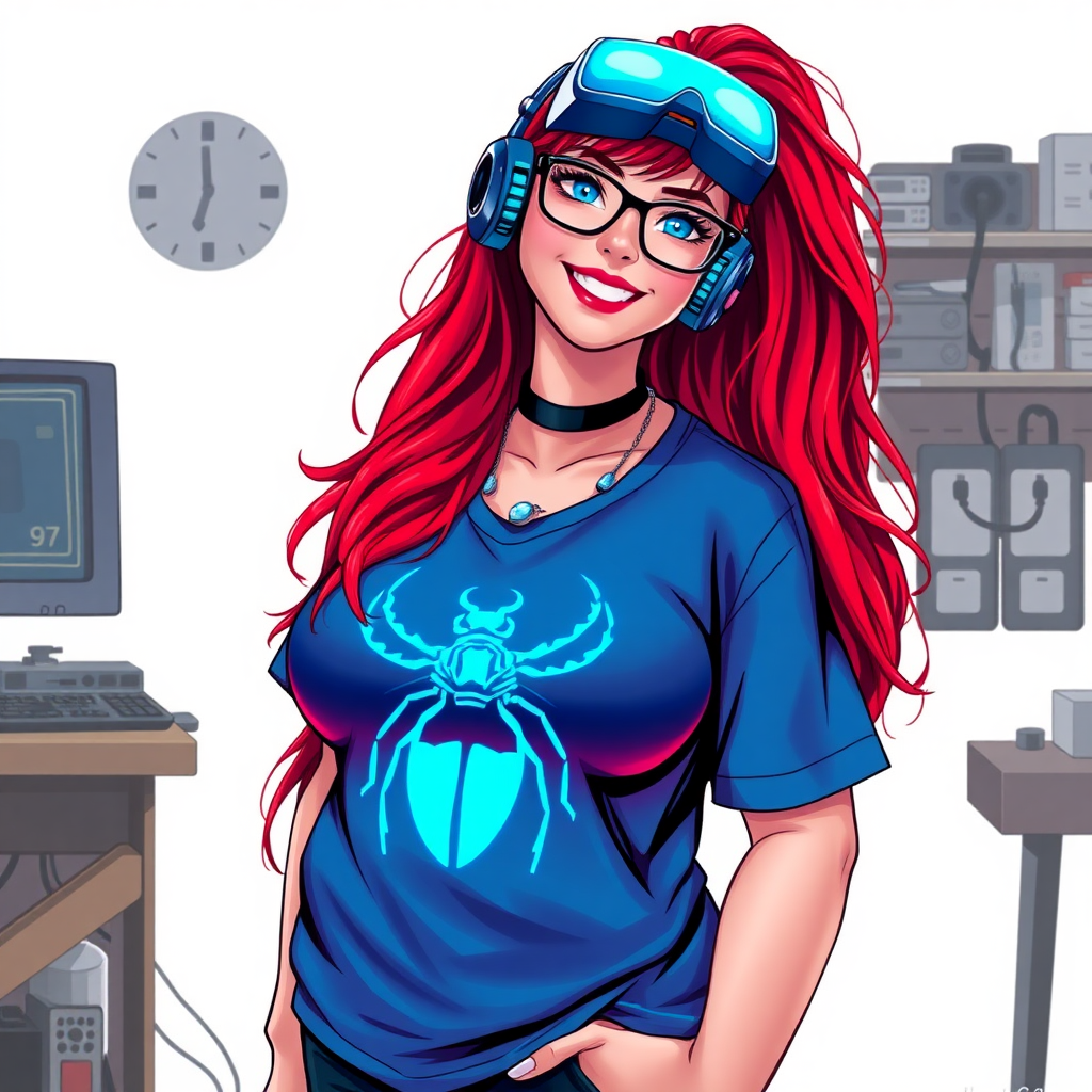 A cyberpunk vigilante’s full-figured intelligent and tech-savvy 29-year-old girlfriend, who is a computer hacker and tech genius. She has a long ruby red ponytail and bright blue eyes. She wears a sapphire beetle gemstone necklace, and an oversized maximum blue t-shirt featuring a giant neon blue glowing icon of a beetle on its chest. She has a full-figured physique with a prominently, gargantuan, well-rounded midsection, reflecting her well-cared-for lifestyle. She sports a sapphire headset with hi-tech maximum turquoise lensed HUD visor, black eyeglasses, and a beaming smile with a passionate bright red blush. Despite her figure and a lack of self-esteem, she radiates an air of beauty. She has a slim face which contributes to her radiant beauty. She serves as his tech expert from his hideout, diligently working at her workshop with a computer desk and tool bench. The background is solid white. She is drawn as if she was in a retro 2D cyberpunk fighting game. Ensure her shirt covers her midsection.