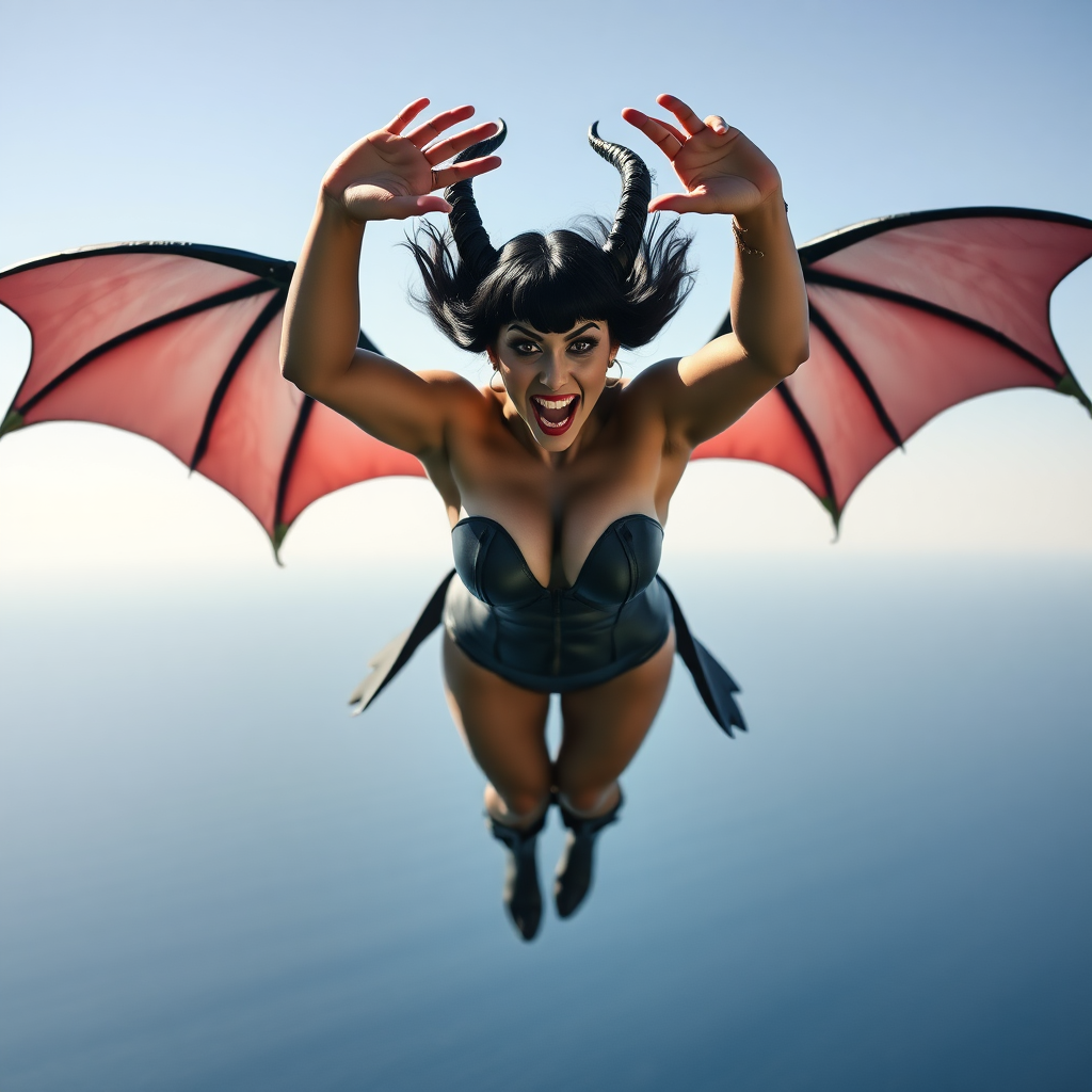 Create a HQ photographic image of Vampirella. She is flying with both hands extended over her head. She is facing the viewer. The background consists of a vast expanse of sea, with nothing else visible on the horizon. Her fangs are exposed. HD DSLR Photo