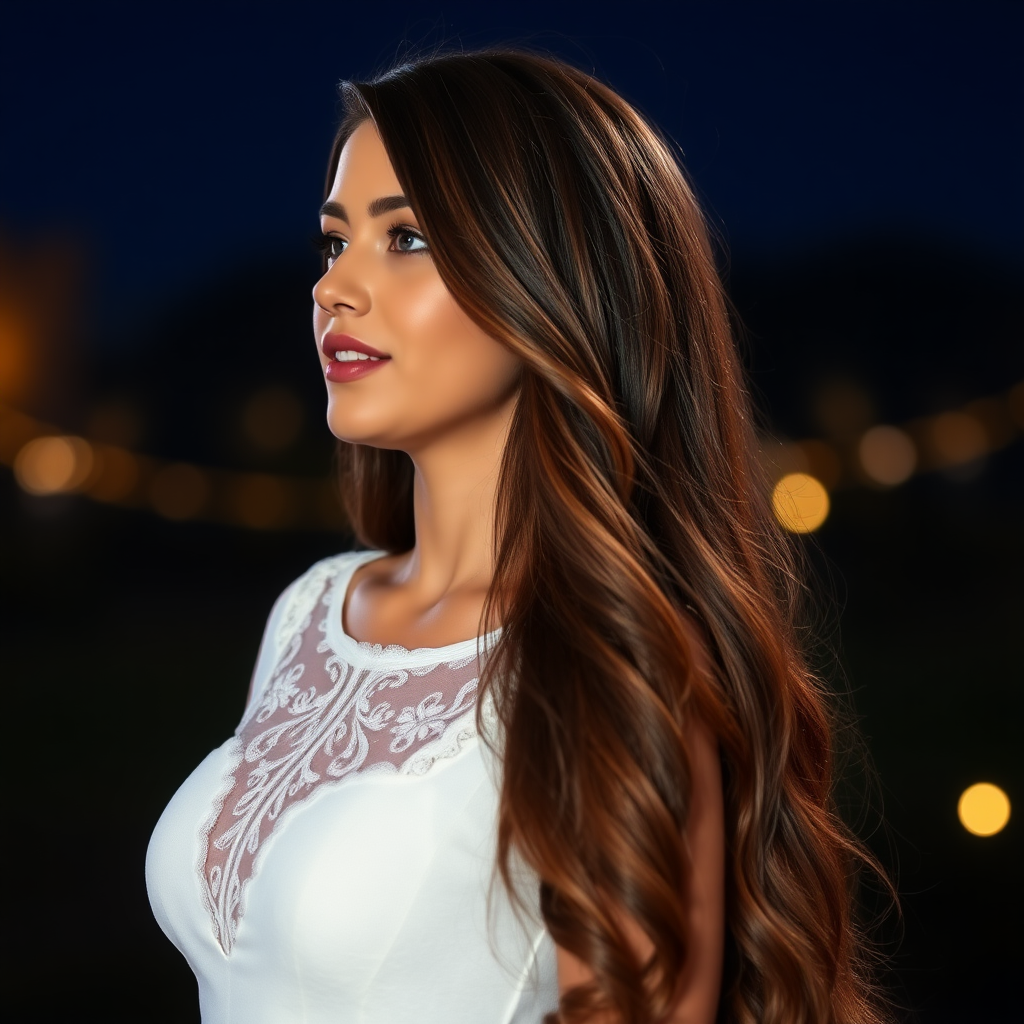 a young woman singing. long brunette hair with highlights, bright blue eyes. suntanned skin. small lips colored pale rose. looking to the side. wearing an elegant long white dress with transparent lace. view from far. night sky in background. photo