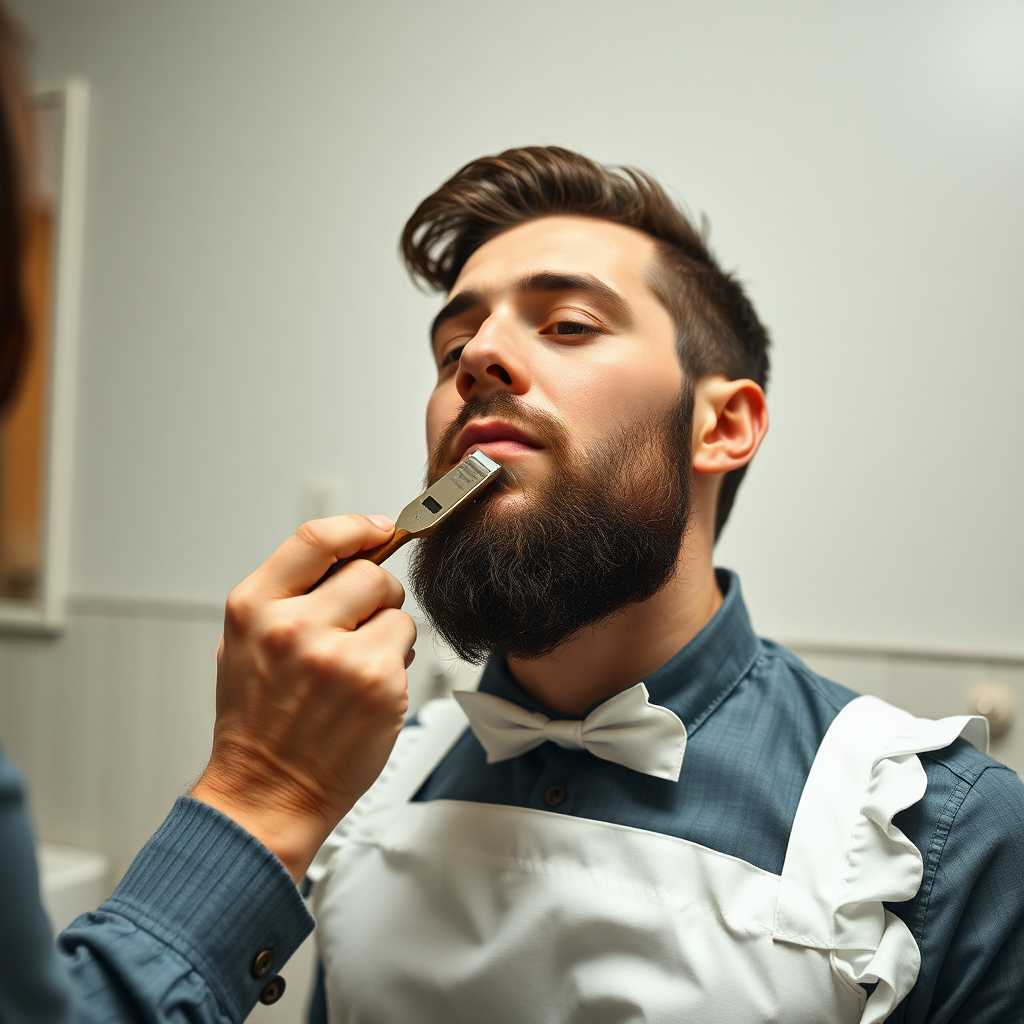 french maid, shaving a man's beard