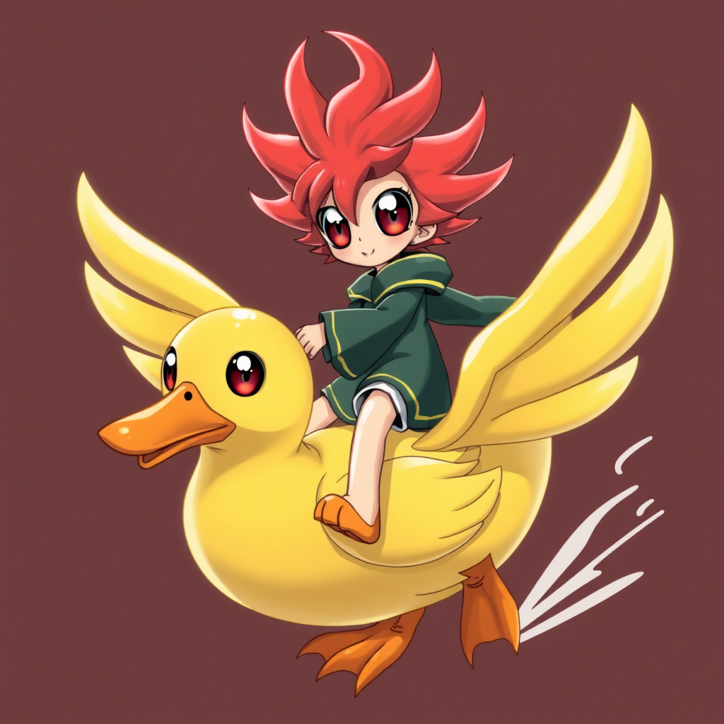 suzaku with huge eyes riding a duck