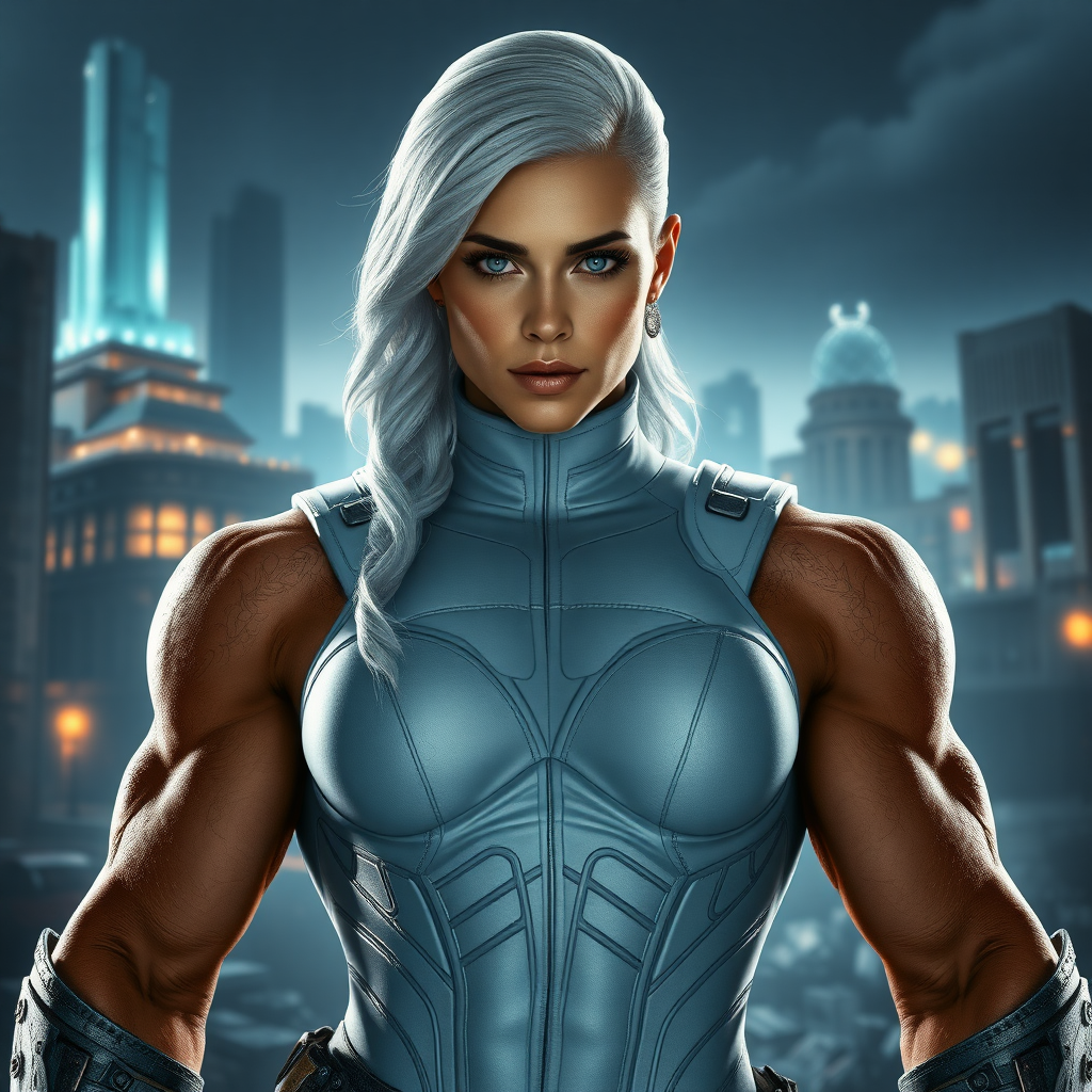 Photorealistic full-body portrait: Emma Frost's head, face, hair on Marcus Fenix's muscular physique. Emma's iconic white costume adapted to fit bulky frame. Blend X-Men's futuristic mansion, Gears of War's war-torn cityscape for background. Dramatic lighting, emphasizing contrasts between delicate features, rugged body. Show intricate costume details, scars, tattoos on skin. Pose: powerful stance, ready for action. Include signature elements from both characters (ice powers, COG armor accents). Hyper-detailed textures: fabric, skin, hair. Cinematic composition, Rule of Thirds. 4K resolution, sharp focus throughout.