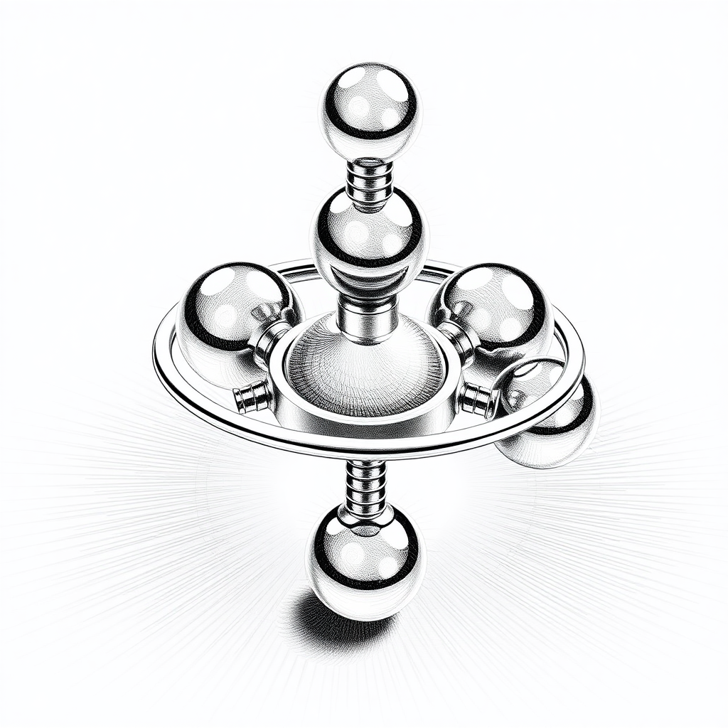 Five connected spheres of mercury in a ring in between two other spheres, spinning top, fidget spinner, toy, small spheres, isometric, side view, symmetric, pencil drawing, impossible, black and white, atomium, Escher, reflective, raytracing, seven.