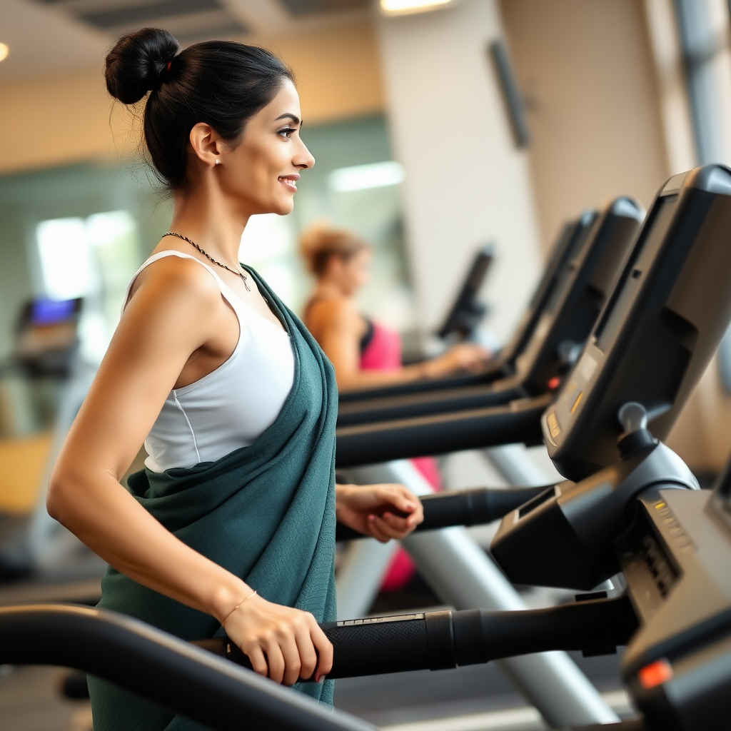 Indian wife, working out on Treadmill in gym