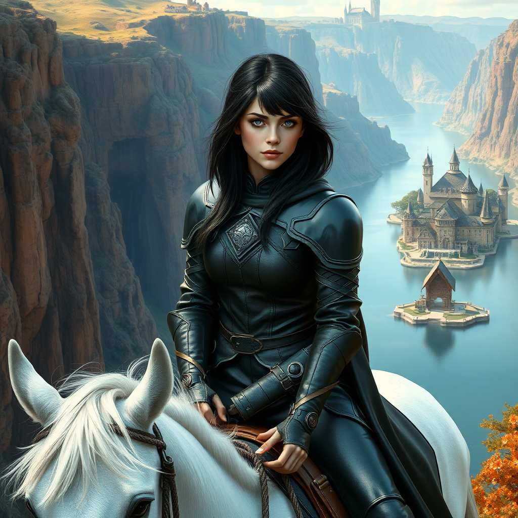 beautiful young woman, dark hair, past her shoulders, blue eyes, small, slim figure, wearing full leather armor suit, long cloak, on a white horse with a large canyon and beautiful medieval village on a lake.