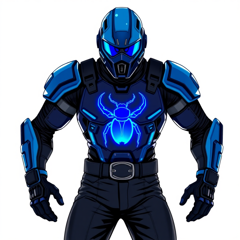 A 28-year-old cyberpunk vigilante stands heroically, clad in hi-tech, maximum blue tactical armor featuring a neon blue beetle on the chest. He wears black biker pants, a black belt with a sapphire beetle buckle, and a helmet resembling a sleek, tactical design, but colored maximum blue with neon blue lenses. Their hands are protected by black hi-tech gloves, all set against a solid white background. He is drawn as if he was in a retro 2D cyberpunk fighting game.