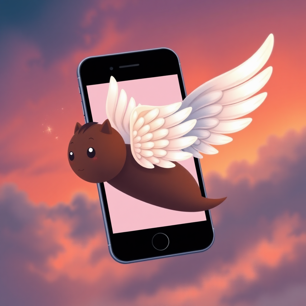 An iPhone with white wings on its back flying through a twilight sky, in the style of a professional children's illustration, lots of detail