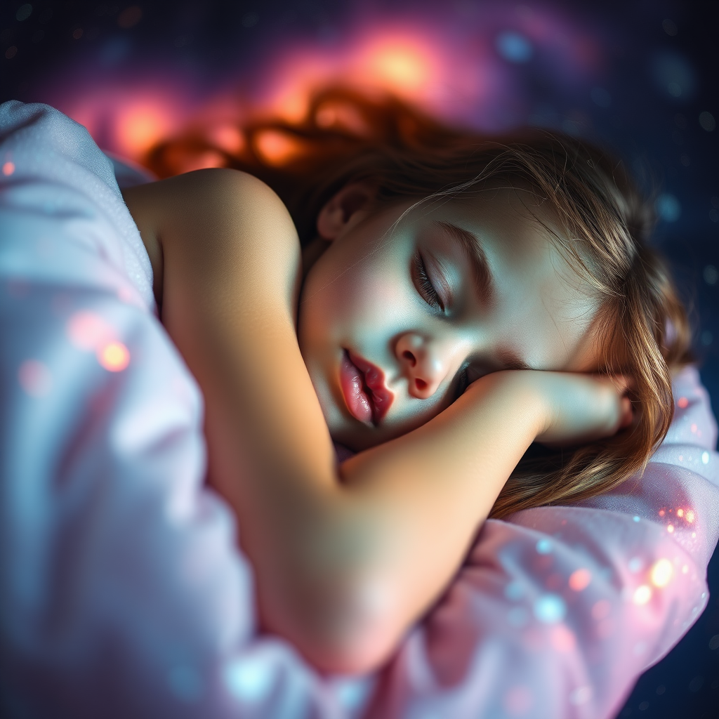 preteen girl sleeping, floating in space, Low Key Lighting, dreamscape, nebula, Bokeh, abstract, brilliant colors, glittering, translucent, iridescent, natural skin, glowing, artistic photo, wide angle, cute, interesting, microscopy, airy, original, experimental, refraction