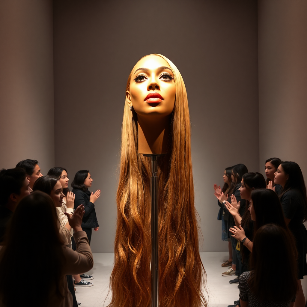 In an innovative art space, an interactive exhibit showcases a mesmerizing magic trick featuring a stunningly realistic, disembodied head of Beyoncé, adorned with luxuriously long, flowing hair that cascades down the stand like a shimmering waterfall of ebony silk. The exhibit is bathed in soft, warm lighting that highlights the intricate details of her features—high cheekbones, full lips, and vibrant, expressive eyes that seem to sparkle with life.

Visitors flock to the exhibit, their faces illuminated with curiosity and wonder, as they reach out to gently play with the silky strands, which feel soft and smooth beneath their fingers. The air buzzes with excitement as whispered conversations fill the gallery, punctuated by the occasional gasp of surprise as each visitor experiences the sensation of touching the hair—a surreal blend of fantasy and reality.

The plain gray backdrop serves to accentuate the ethereal quality of the display, drawing the eye solely to the captivating spectacle of Beyoncé's head, as if she is caught in a magical moment between worlds. The overall atmosphere is one of playful enchantment, as guests become part of the performance, interacting with the hair that seems to embody both elegance and whimsy, transforming the experience into a collective celebration of beauty and artistry.