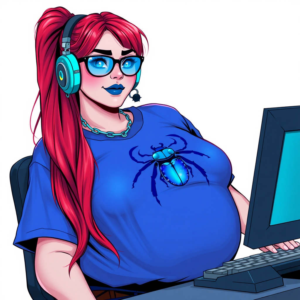 A cyberpunk vigilante’s full-figured intelligent and tech-savvy 29-year-old girlfriend, who is a computer hacker and tech genius. She has a long ruby red ponytail. She wears maximum blue lipstick, bright blue eyes, a sapphire beetle gemstone necklace, sapphire earrings, black eyeglasses, and an oversized maximum blue t-shirt featuring a blue sapphire gemstone crusted beetle chest icon. She has a full-figured physique with a prominent, massive, round belly, reflecting her well-cared-for lifestyle. She sports a sapphire headset with a hi-tech maximum turquoise lensed HUD, and a shy smile with a neon red blush. She serves as his tech expert from his hideout, diligently working at her lab table computer desk. The background is solid white. She is drawn as if she was in a retro 2D cyberpunk fighting game. Ensure her t-shirt covers her belly.