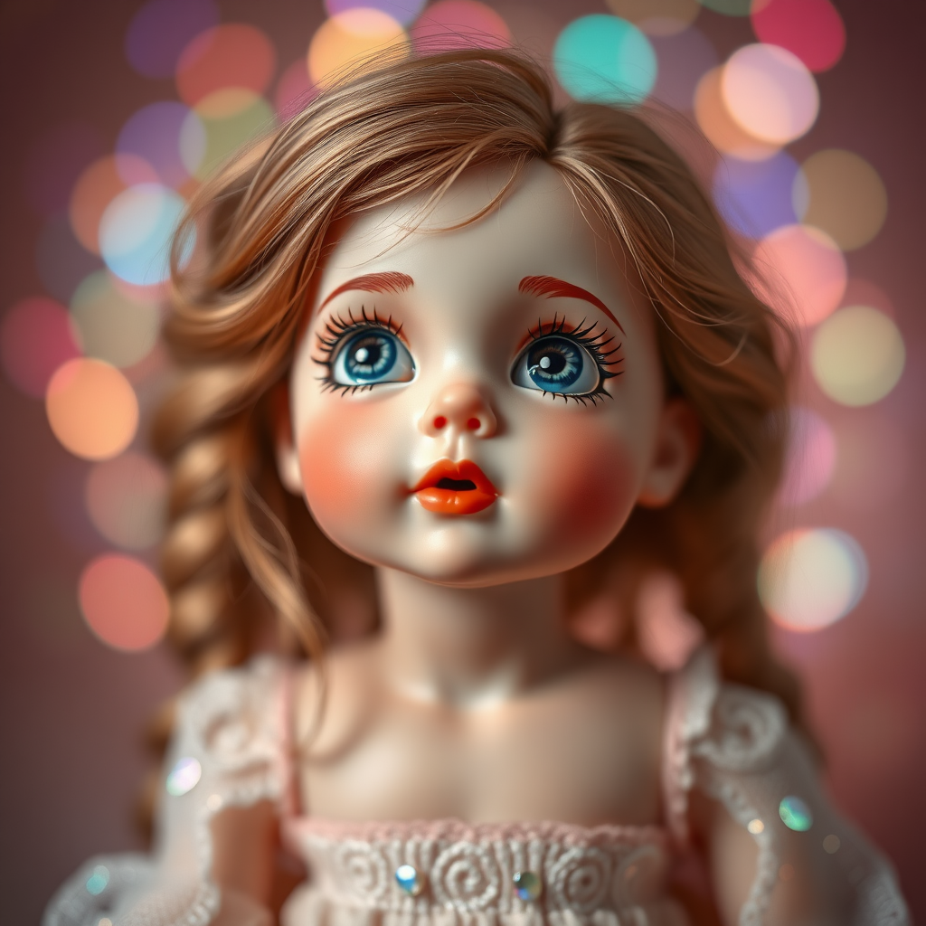 preteen artists doll, bisque doll, porcelain, looking up dreaming, Bokeh, abstract, brilliant colors, glittering, translucent, mother of pearl, opal, iridescent, natural skin, glowing, artistic photo, wide angle