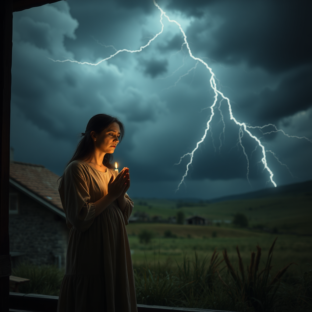 very cloudy black sky with lightning, in the Sardinian countryside, inside a house, a sad middle-aged woman, in a long dress, praying with a candle in her hand