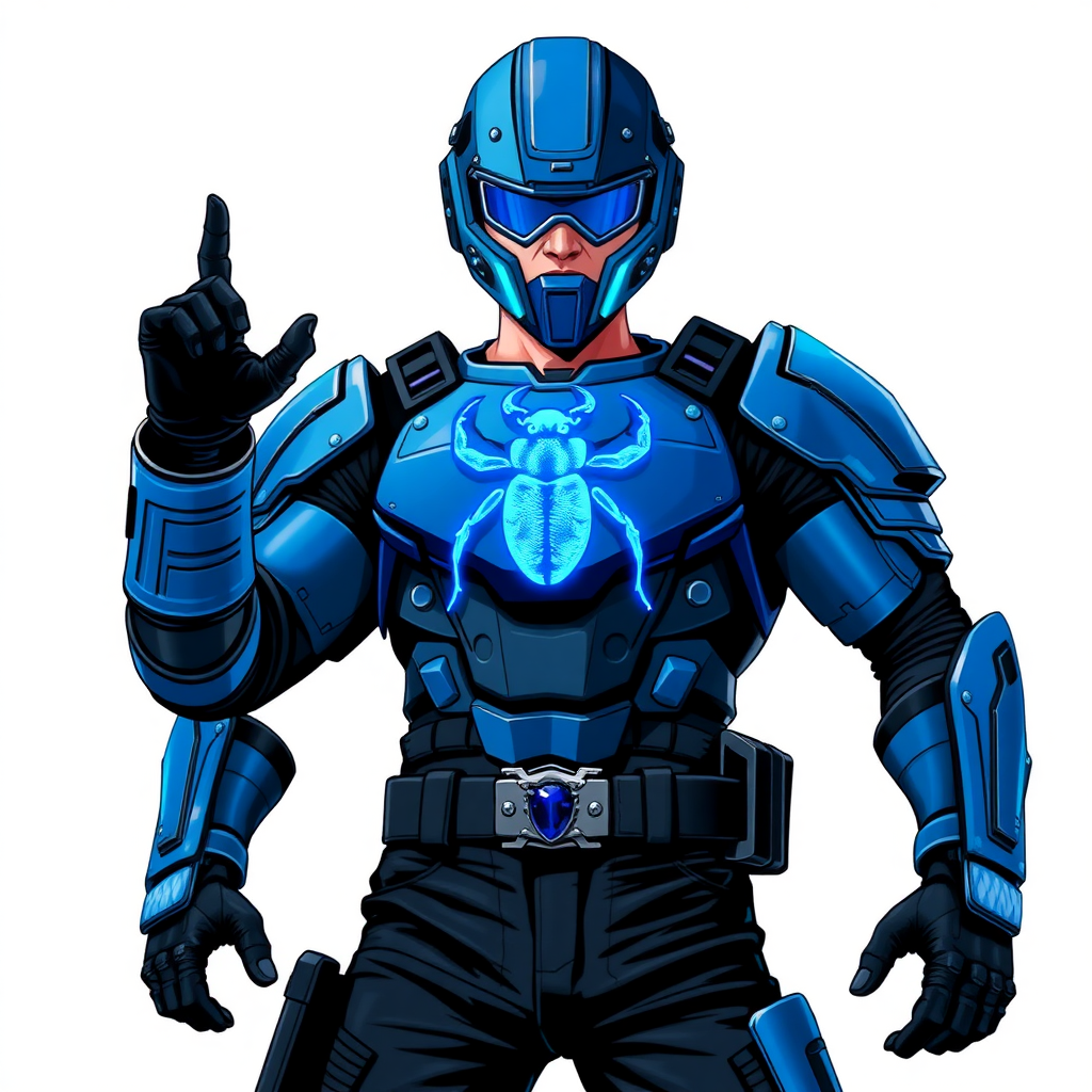 A 28-year-old cyberpunk vigilante stands heroically, clad in high-tech, maximum blue body armor featuring a neon blue glowing beetle on the chest. They wear black biker pants, a black belt with a sapphire beetle buckle, and a maximum blue helmet with neon blue glowing lenses. Their hands are protected by black metal gloves, all set against a solid white background. He is drawn as if he was in a retro 2D cyberpunk fighting game.