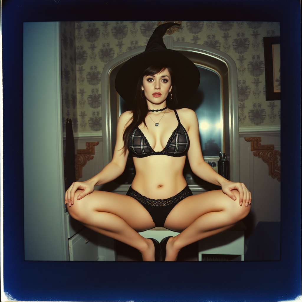 can of an old polaroid photo with heavy dark vignetting and a blue color tint to the photograph and visible light leaks.  The photo depicts a sexy alt goth woman with pale skin. She has large breasts with ample cleavage and is wearing a plaid bra with triangle shaped cups.  She is wearing a witch hat.  The image looks hazy and grungy.  She is in an old house with wallpaper on the walls.  Dark lighting with camera flash used. Candid.  she is wearing a tiny revealing lace thong.  She is sitting on a builtin vanity with a mirror with her knees spread apart.  She is wearing black high heels