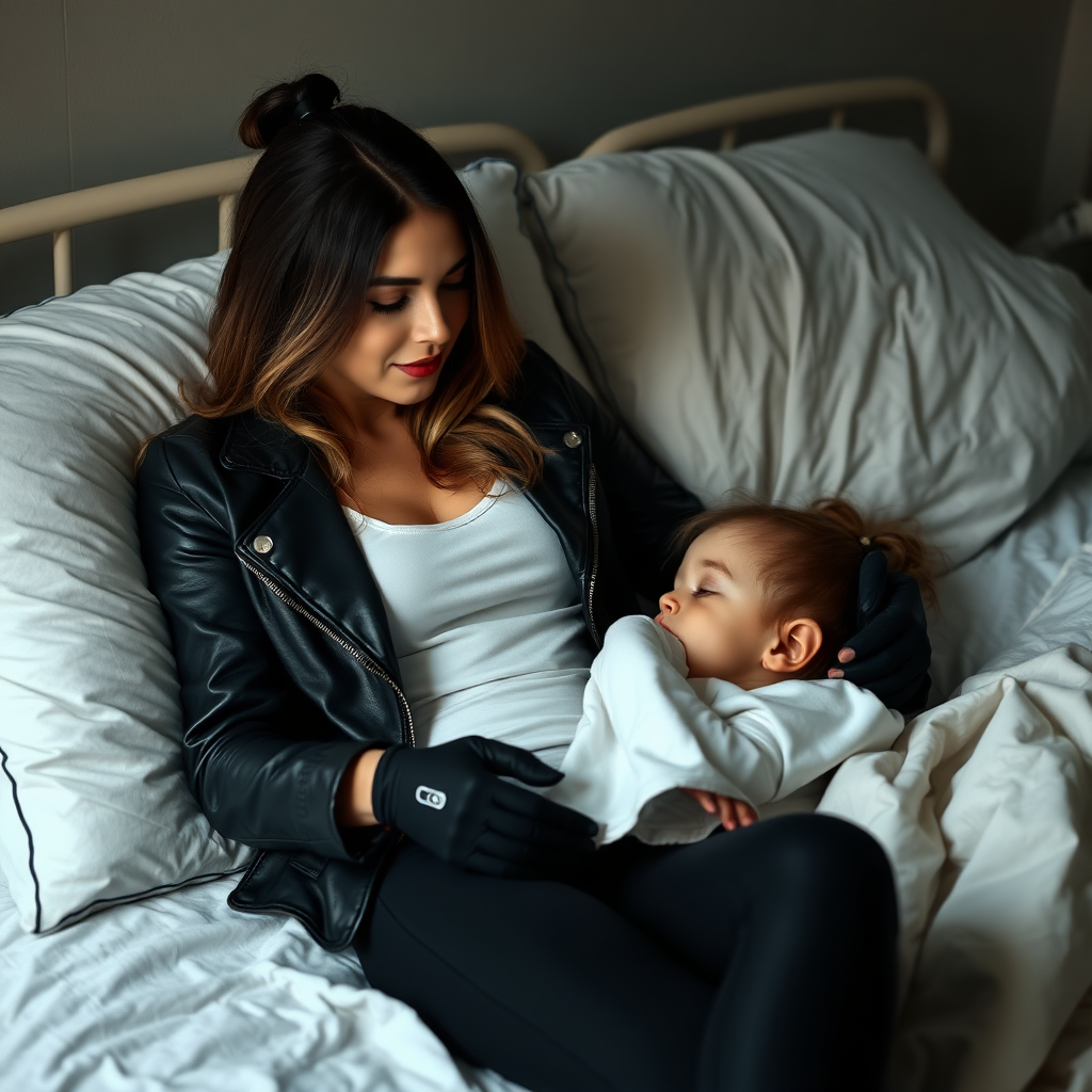 A beautiful bad girl in black leather jacket over black t-shirt with black pants and gloves visits her sick little daughter lying in bed.