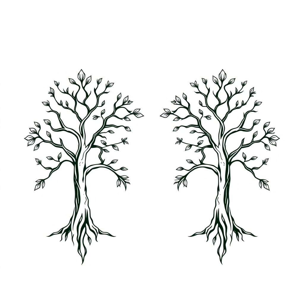 Create a symmetrical line art illustration of two trees in the style of traditional Southeast Asian sacred tattoo art. Use bold, clean, and fluid lines with minimal shading. Emphasize balance and harmony in the composition. Include simplified yet defined shapes to outline the forms and features. The entire image should be monochromatic, using only shades of green on a white background. Incorporate elements that suggest strength, protection, and spiritual significance. Ensure the overall style is reminiscent of Sak Yant tattooing, with a focus on symbolism and clarity rather than excessive detail.