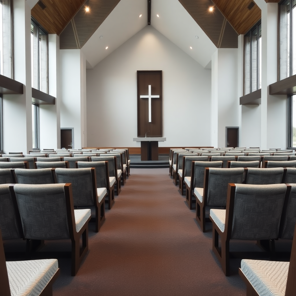 Give me grey fabric pews with a dark wooden frame that are inside a big modern church. The carpet of this church is dark grey. glass pulpit