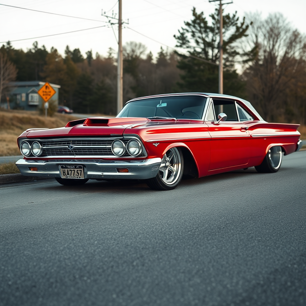 the drag car is parked on the side of the road, inspired by Taiyō Matsumoto, tumblr, restomod, nd4, c4 metallic shine candy red classic american low rider custom ford