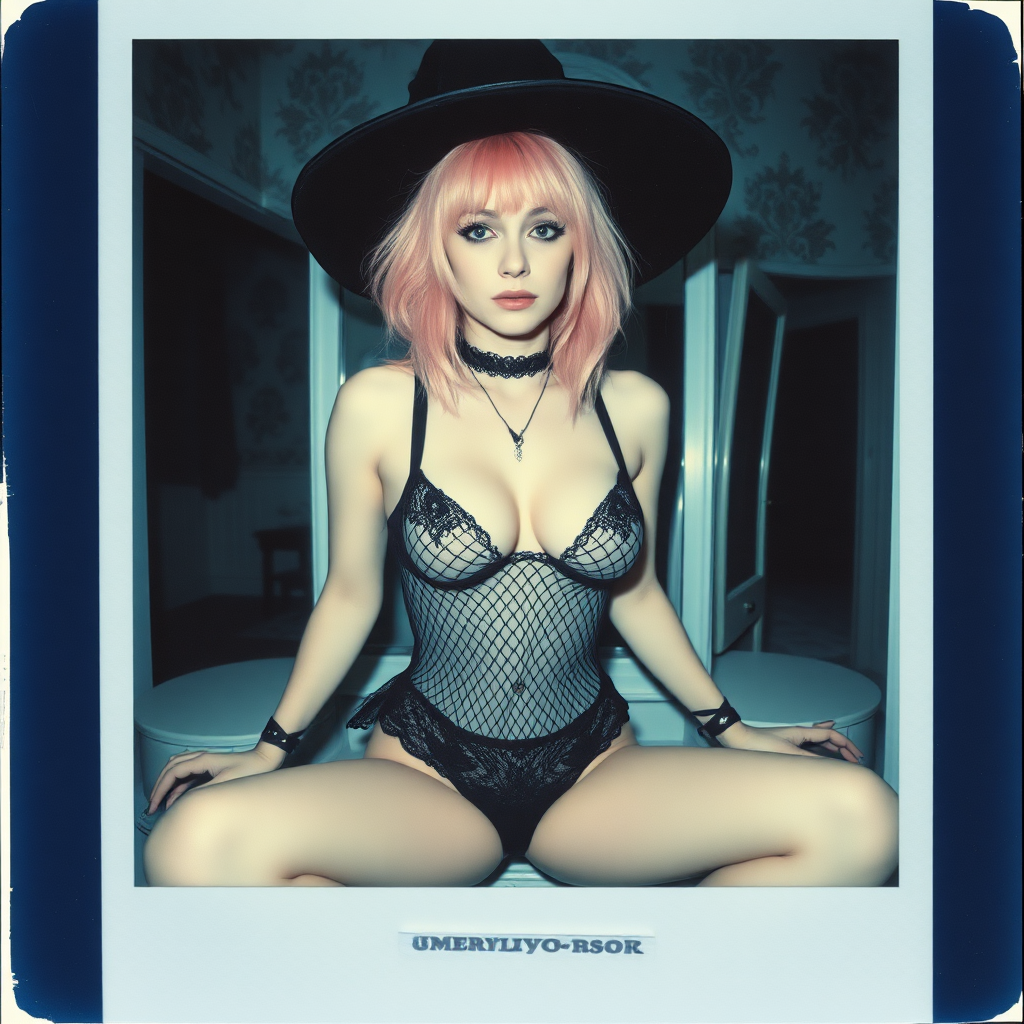 can of an old polaroid photo with heavy dark vignetting and a blue color tint to the photograph and visible light leaks. The photo depicts a sexy alt goth girl with pale skin and pink hair. She has large breasts with ample cleavage and is wearing a black fishnet bodysuit. She is wearing a witch hat. The image looks hazy and grungy. She is in an old house with wallpaper on the walls. Dark lighting with camera flash used. Candid. She is wearing a black lace thong. She is sitting on a built-in vanity with a mirror with her knees spread apart.