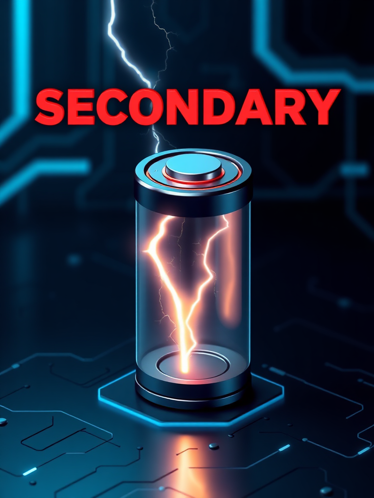 Create an image with precise expression using realistic 3D lettering, express a secondary battery cell, create an isometric view, draw the Tesla phenomenon (lightning) occurring in the battery, and express the background in a cybernetic and luxurious dark blue.