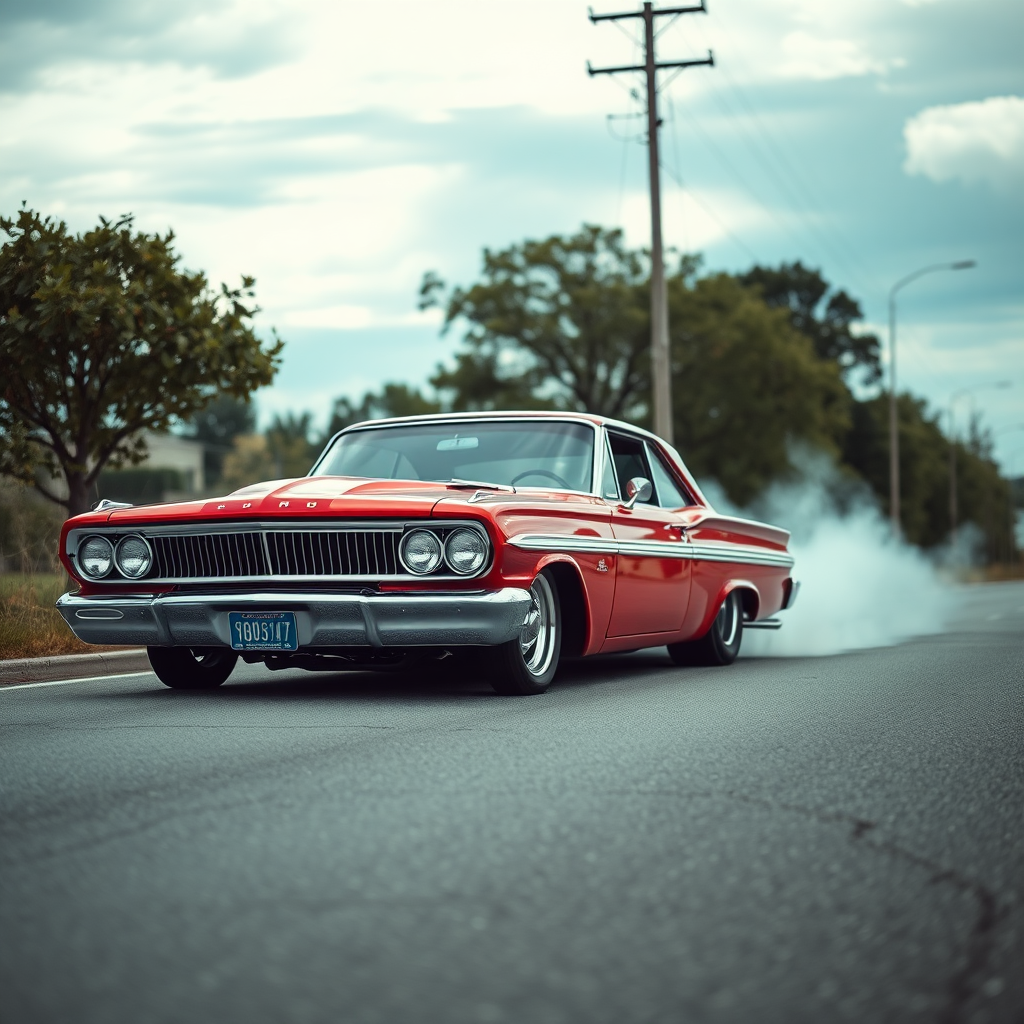 the drag car is parked on the side of the road, inspired by Taiyō Matsumoto, tumblr, restomod, nd4, c4 metallic shine candy red classic american low rider custom ford