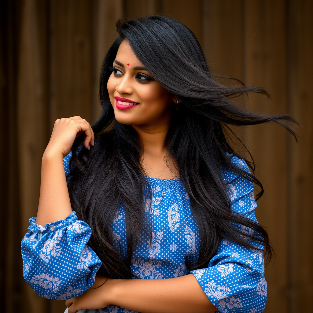 An attractive Sinhalese woman in her 20s playing with her long hair.