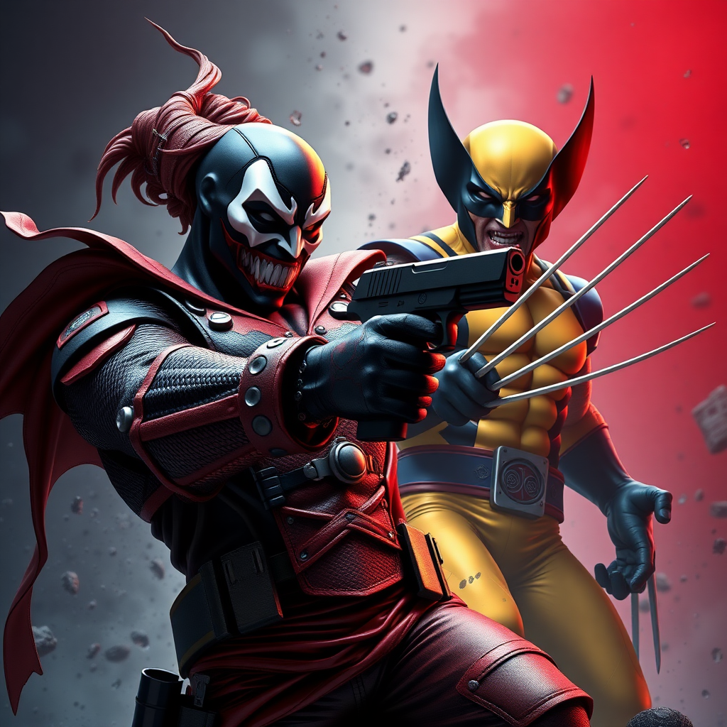 On a comic book cover is Spawn holding a gun Vs Wolverine in Cinematic Real3d photo-realistic quality.